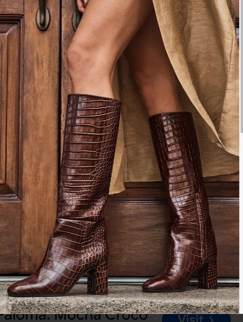 #B504 a new day Brown Croc-Embossed Knee-High Heeled Boots